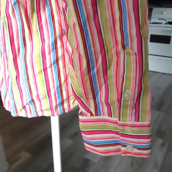 Liz Claiborne bright striped ruffle front button up collared blouse large - Picture 7 of 12